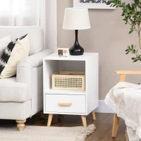 HOMCOM Mesa de Cabeceira Mesa Auxiliar Moderna com 1 Gaveta e Compartimento de Armazenamento 40x40x62cm Branco e Madeira(m-2)