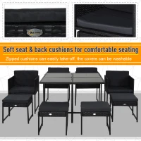 Outsunny 9 PCs Rattan Dining Cube Set Outdoor Patio Furniture PE Rattan Wicker Dining Set w/ 4 Armchair,4 Foot Stool,Grey Cushion(m-4)