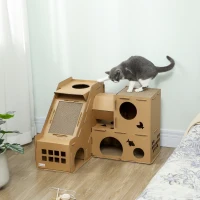 PawHut Casa para Gatos de Cartão em Forma de Castelo com 2 Níveis 3 Zonas de Arranhar Túnel e Rampa 78x66x57 cm Castanho(m-10)