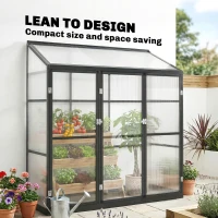Outsunny 6 x 1.5ft Polycarbonate Greenhouse, Quick Setup, Lean-to Green House with 3 Hinged Doors, Top Vent, Black(m-4)