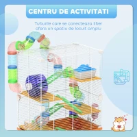 PawHut Cușcă pentru hamsteri cu 5 niveluri, tuburi, roată, scări, căsuță și sticlă, 46x30x58 cm, portocalie(m-4)