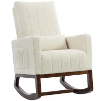 HOMCOM Fauteuil à bascule, rocking chair en flanelle neige rembourré, coussin lombaire, dossier haut, poches latérales, crème(m-14)