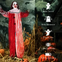 Outsunny 165 cm Life Size Halloween Animated Clown with Red Light Up Eyes, Sound Activated Moving Body, Scary Clown Halloween Decorations, Battery Operated, Indoor Party Props(m-6)