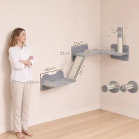 PawHut 3-Piece Cat Wall Furniture with Scratching Posts, Scratching Pads, Perches, Cat Wands, Toy Balls, Light Grey(m-3)