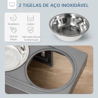 PawHut Comedouro Elevado para Cães com 2 Tigelas Desmontáveis de 1200ml e Altura Ajustável de 3 Níveis Comedouro para Animais de Estimação com Tigelas de Aço Inoxidável 44x27,7x28cm Cinza(m-5)