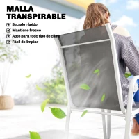 Outsunny Conjunto de Mesa y Sillas Jardín con Mesa de Vidrio Templado 6 Sillas Apilables Transpirables para Terraza Gris(m-5)