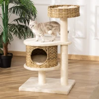 PawHut Albero Tiragraffi per Gatti con Cuccia e Casetta in Rattan e Pali in Sisal, 55x47x95cm, Beige(m-2)