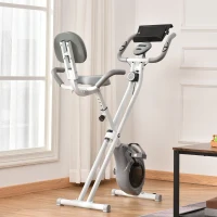 HOMCOM Vélo d'appartement magnetique pliable vélo de fitness vélo d'intérieurgrand confort dossier selle réglable poignées écran LCD multifonction support tablette acier blanc gris(m-2)