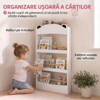AIYAPLAY Bibliotecă Montessori pentru Copii 3-8 Ani, Ursuleț, cu 4 Polițe din Lemn, 50x15x97 cm, Alb(m-5)