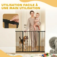 PawHut Barrière de Sécurité Chien Réglable 76-107 cm, avec 2 Rallonges (10/15 cm), Ouverture d'une Main, sans Perçage, Noir(m-7)