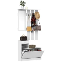 HOMCOM Recibidor de Entrada con Espejo Perchero y Zapatero Mueble de Recibidor de 2 Piezas con 6 Ganchos Estantes y Cajón Abatible para Pasillo Blanco(m-12)
