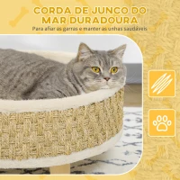 PawHut Cama Elevada para Gatos Cama para Cães Miniatura com Almofada Lavável Corda de Seagrass Estrutura de Madeira Ø48x24,5 cm Bege(m-5)
