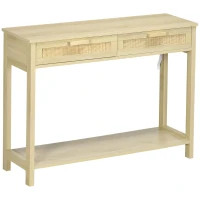 HOMCOM Mesa Consola Mesa de Entrada con 2 Cajones de la Superficie de Ratán y Estante Inferior para Pasillo Salón Dormitorio de Estilo Rústico 100x30x76 cm Natural(m-12)