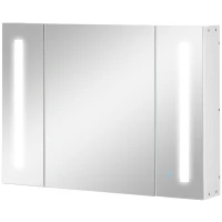 kleankin Armadietto Specchiera da Bagno con 3 Armadietti, 3 Ripiani e Luce LED, 90x15x65 cm, Bianco(m-10)