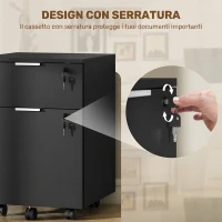 HOMCOM Schedario da Ufficio con 2 Cassetti, Serratura, Ruote a Freno, per Formato A4/Legale, 42x40x60 cm, Nero(m-6)