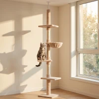 PawHut Floor to Ceiling Cat Tree 230-260cm Height Adjustable, 5-Tier Cat Tower with Scratching Posts, Hammock, Perches, Climbing Activity Centre for Indoor Kittens Playing and Relaxing, Beige(m-9)