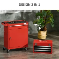 DURHAND Carrello Porta Attrezzi 2 in 1 con Cassetta Rimovibile e Armadietto con Chiave in Acciaio, Rosso(m-3)
