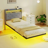 HOMCOM Floating Bed Frame, Upholstered 3ft Single Size Bed, Platform Bed with RGB LED Lights and Charging Station, Grey(m-2)