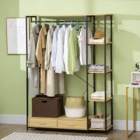 HOMCOM Appendiabiti in Stile Industriale con 2 Cassetti e 4 Ripiani Aperti in Dotazione, in Acciaio e Truciolato, 130x40x180cm, Color Legno e Nero(m-10)
