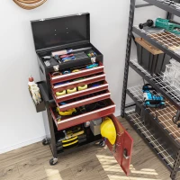 HOMCOM Mobiele gereedschapskast op wielen, Stevige kast met bovenste gereedschapskist en laden, afsluitbaar, Metaal, Zwart+Rood(m-8)