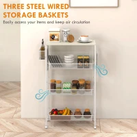 HOMCOM 3-Tier Kitchen Cart with 3 Steel Wire Baskets - White(m-4)