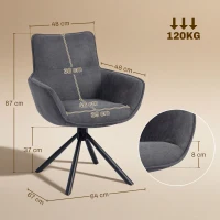 HOMCOM Set van 2 Eetkamerstoelen, Draaibaar, Zacht Gepolsterd, Armleuningen, Metalen Poten, Donkergrijs(m-3)