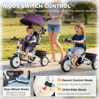 HOMCOM 6 in 1 Kids Trike Push Bike w/ Push Handle, Canopy, 5-point Seat Belt, Storage, Footrest, Brake, for 1-5 Years, Purple(m-6)