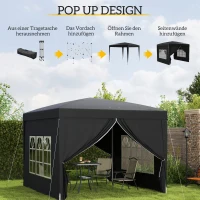 Outsunny 3 x 3 m Paviljoen met 4 Zijwanden, Ramen, Feesttent met UV-Bescherming, Tuinpaviljoen incl. Draagtas, Staal, Zwart(m-4)