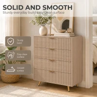HOMCOM Bedroom Chest of Drawers with 4 Drawers, Fluted Dresser with Gold Tone Handles, Storage Cabinet, Natural(m-6)