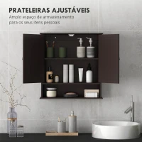 kleankin Armário de Casa de Banho com Espelho 2 Portas Prateleira Aberta Móvel de Casa de Banho Suspenso 56x13x58cm Castanho Escuro(m-4)