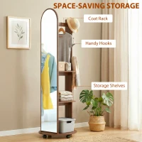 HOMCOM 2-in-1 Full Length Mirror with Storage Shelves, Floor Mirror with 4 Wheels, Coat Rack, Hooks, Brown Wood Effect(m-6)