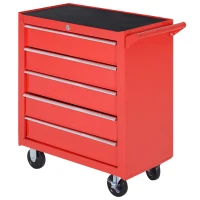 HOMCOM Carrello Porta Attrezzi a 5 Cassetti con Serratura, 4 Ruote e Maniglia, Carrello Officina in Acciaio 69x33x75cm, Rosso(m-11)