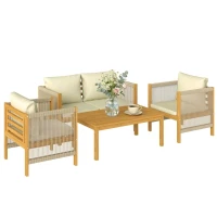 Outsunny Tuinmeubelset Hout Zitgroep voor 4 Personen met 2-zitsbank 2 Fauteuils Tafel Touwdecor Lattenstructuur Wasbare Kussens(m-11)