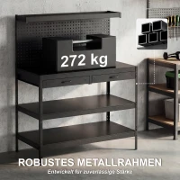 HOMCOM Werkbank met verstelbare planken, robuuste werkstation met perforatiewand en 2 lades, 122 x 61 x 156 cm, Zwart(m-5)