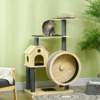 PawHut Katzenbaum mit Laufrad 4-Stock Kratzbaum Katzenhaus mit Sisalsäulen Katzenhöhle Kiefernholz Natur 80 x 50 x 143 cm(m-10)