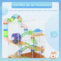 PawHut Gaiola para Hamster Gaiola para Pequenos Roedores com Túnel Comedouro Bebedouro Casa Rampas e Roda de Exercício 46x30x58 cm Laranja(m-4)