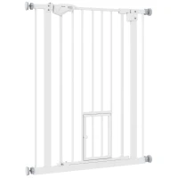 PawHut Deurhekje met Kattenluikje, Montage Zonder Boren, Variabele Breedte 74-80 cm, Met Één Hand Te Openen, Metaal, Wit(m-10)