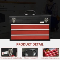 DURHAND Gereedschapskoffer, gereedschapskist, 3 laden, afsluitbaar, stalen behuizing, zwart+rood, 51 x 22 x 32 cm(m-4)