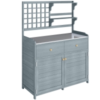 Outsunny Plantentafel met Kast Outdoor - Houten Tuinkast met Gegalvaniseerd Werkblad, 2 Lades, 104x44x140 cm, Lichtgrijs