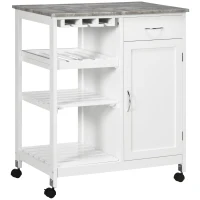 HOMCOM Carrinho de Cozinha com Rodas 1 Gaveta Prateleiras Suporte para 4 Garrafas e Armário Carga 40kg 76x48x88cm Branco e Cinza(m-10)