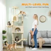 PawHut 202cm Cat Tree with 6 Scratching Posts, 2 Hammocks, 2 Condos, 2 Perches, Pompoms, for Cats to Rest and Play, Beige(m-4)