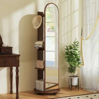 HOMCOM 2-in-1 Full Length Mirror with Storage Shelves, Floor Mirror with 4 Wheels, Coat Rack, Hooks, Brown Wood Effect(m-3)