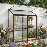 Outsunny 6 x 1.5ft Polycarbonate Greenhouse, Quick Setup, Lean-to Green House with 3 Hinged Doors, Top Vent, Black(m-2)