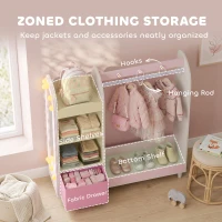 AIYAPLAY Kids Clothing Rack, Kids Wardrobe with Glowing Lights Mirror, Non-Woven Drawer and Shelves for Bedroom, Ages 3-8, Pink(m-4)