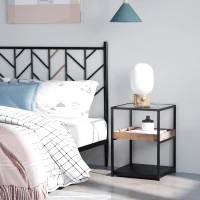 HOMCOM Industrial Side Table, 3-Tier End Table with Glass Top, Storage Shelves, Nightstand with Steel Frame for Bedroom, Living Room, Rustic Brown(m-4)