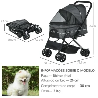 PawHut Carrinho para Animais de Estimação Dobrável Carro para Cães e Gatos com Capô Ajustável Cesta de Armazenamento Cinto de Segurança Tecido Oxford 600D Aço 76,5x52x95cm Cinza(m-3)