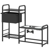 PawHut Verhoogde hondenkom hoogteverstelbaar Voerbak met opbergruimte Drinkkom 2 x 800 ml roestvrijstalen kommen 89,5x27x74 cm Zwart(m-1)