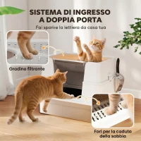 PawHut Lettiera Gatto Chiusa XL in Acciaio Inox con Coperchio, Paletta, Pareti Alte, Doppio Ingresso, Grigio Chiaro(m-6)