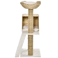 PawHut Krabpaal met Kattenhuis, Sisal Krabpalen, Wasbare Kussens, 100,5H x 57L x 37B cm, Wit/Natuur(m-12)