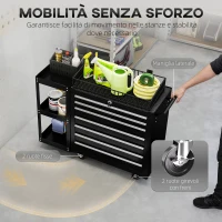 HOMCOM Carrello Portautensili in Acciaio con 7 Cassetti, Mensola Laterale Staccabile, Ruote, Capacità 120kg, Nero(m-5)